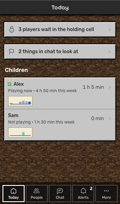 Tilewick's Today screen on a phone: three players waiting to be let in, two things in chat to look at, and each child's time played this week.